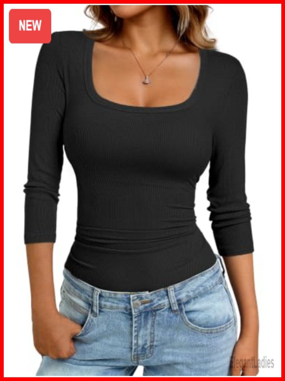 Womens Ribbed Knit Top 3/4 Sleeve Scoop Neck Slim Fitted Work T-Shirt